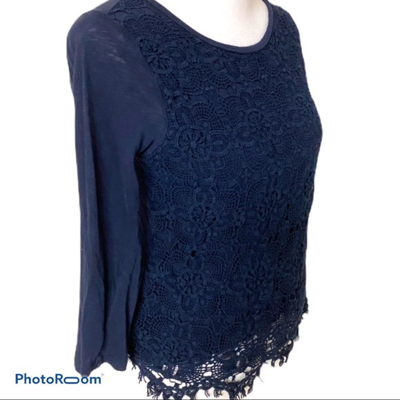 J Crew Factory Navy Lace panel knit top sz S - Picture 4 of 7
